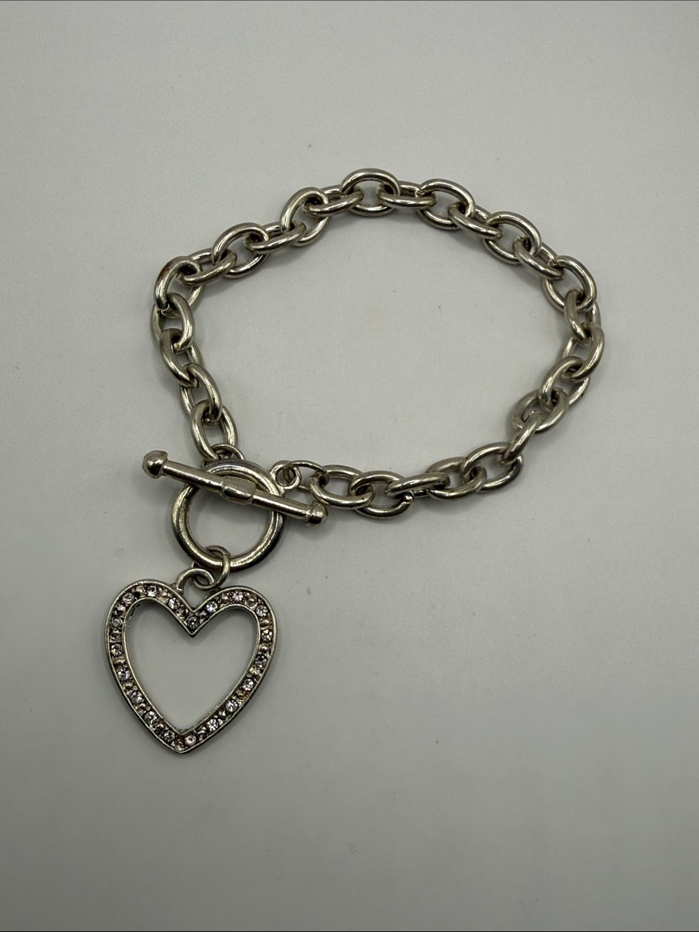Vintage Silver Tone Chain Link Heart Rhinestone Bangle Cuff Statement Bracelet